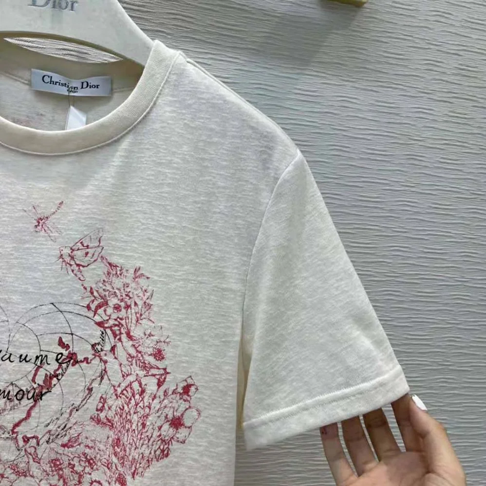 Dior Dioramour T-shirt Ecru D-Royaume D Amour Cotton Jersey and Linen for Women