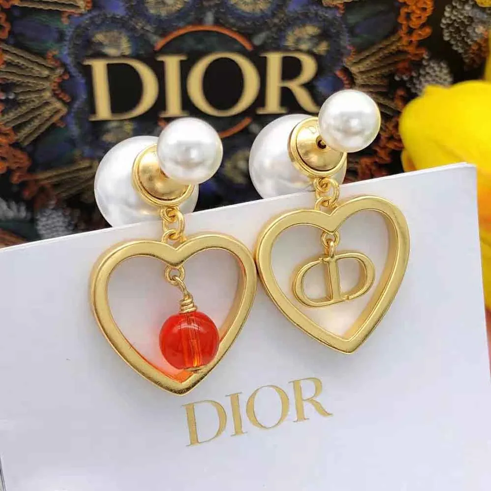 Dior Tribales Earrings Gold-Finish Metal with Red Resin Pearls for Women Dior Tribales Earrings Gold-Finish Metal with Red Resin Pearls for Women