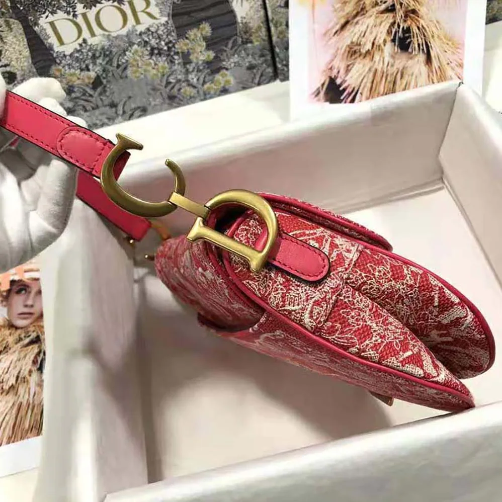 Dior Saddle Bag Toile DE Jouy Reverse Jacquard for Women in Red