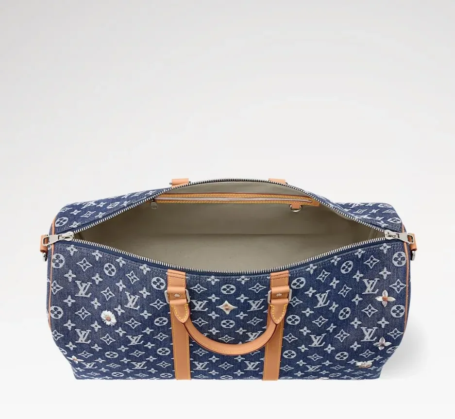 Louis Vuitton Keepall Bandouliere 50 Travel Bag in Blue Denim Silver Hardware