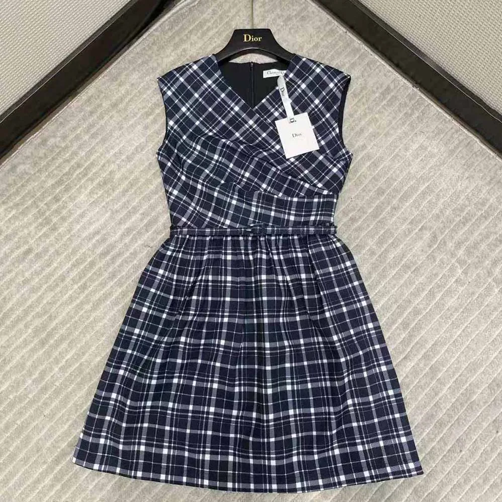Dior Short Wrap-Over Dress Navy Blue Check'n'Dior Pop Wool Twill for Women Dior Short Wrap-Over Dress Navy Blue Check'n'Dior Pop Wool Twill for Women