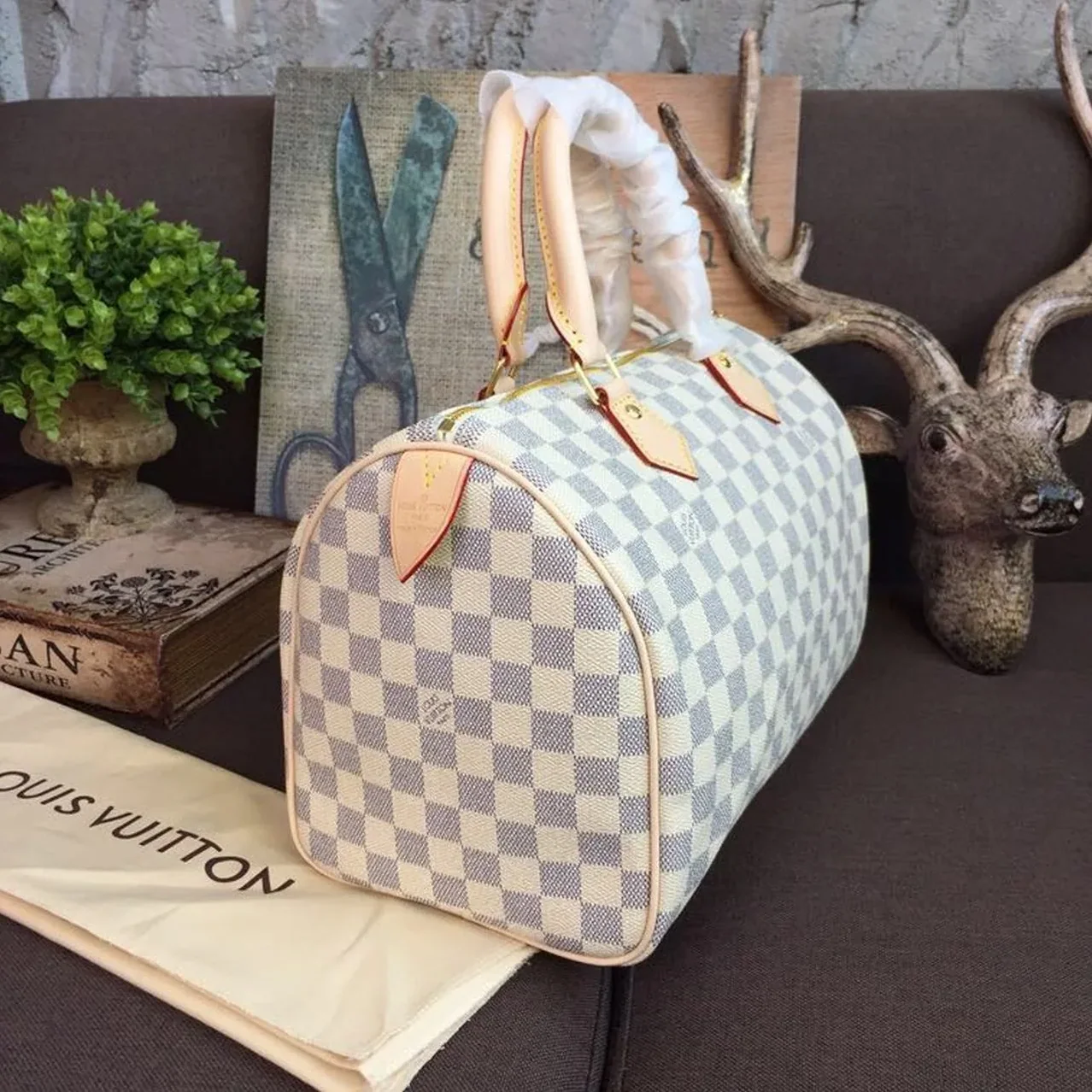 Louis Vuitton Speedy 30 Top Handle Bag / White/ Multicoloured Damier Azur Canvas Gold Hardware
