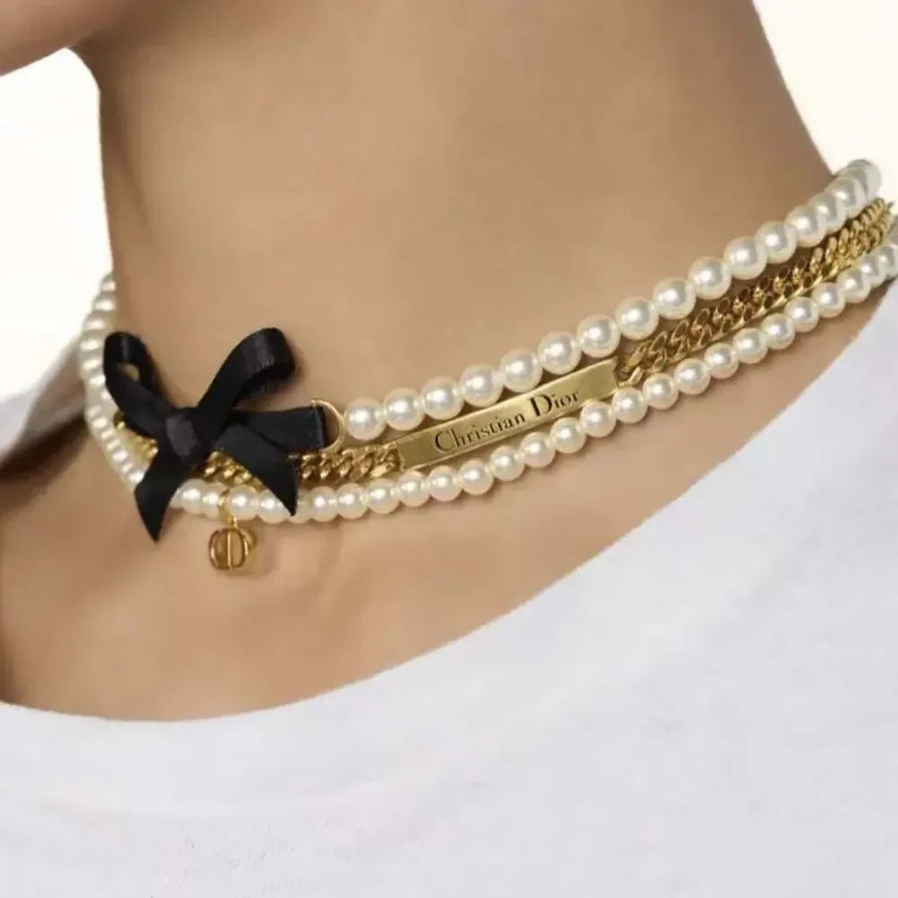 Dior Le Nœud de Dior Choker Gold-Finish Metal with White Resin Pearls and Black Satin for Women Dior Le Nœud de Dior Choker Gold-Finish Metal with White Resin Pearls and Black Satin for Women