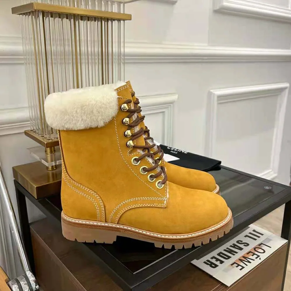 Celine Kurt Lace-up Mid Boot in Nubuck Calfskin and Shearling for Women