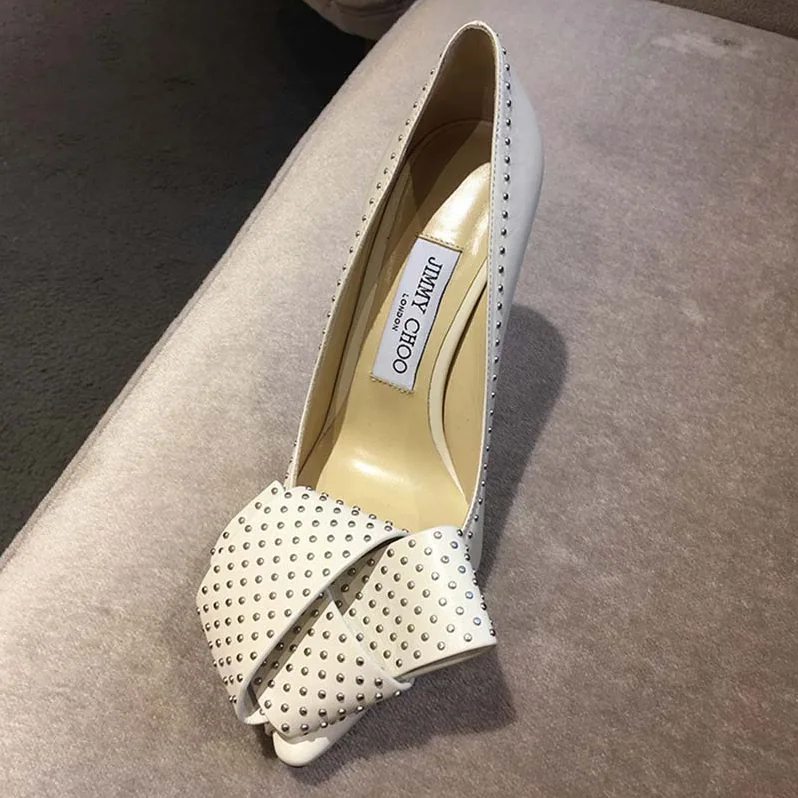 Jimmy Choo Tegan 100 Kid Leather with Studded Bow Detailing Shoes White for Women Jimmy Choo Tegan 100 Kid Leather with Studded Bow Detailing Shoes White for Women