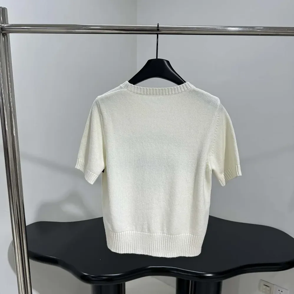 Dior Short-Sleeved Sweater White Cashmere Knit with Black Christian Dior Papillon Motif for Women