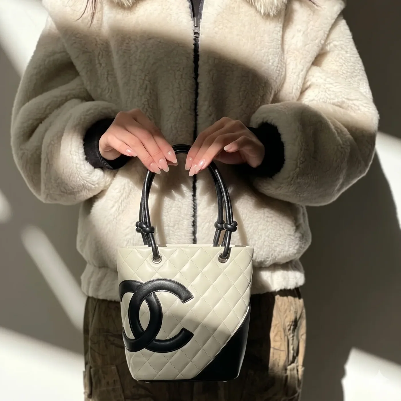 Chanel Cambon Ligne Small Bucket Bag in White Silver Hardware