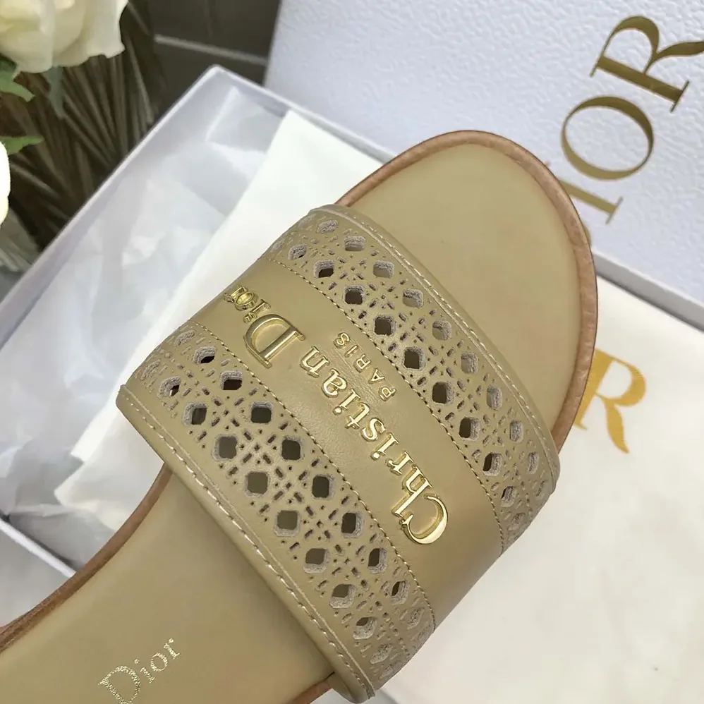 Dior D-Lane Slide Beige Calfskin with Openwork Microcannage Motif for Women Dior D-Lane Slide Beige Calfskin with Openwork Microcannage Motif for Women