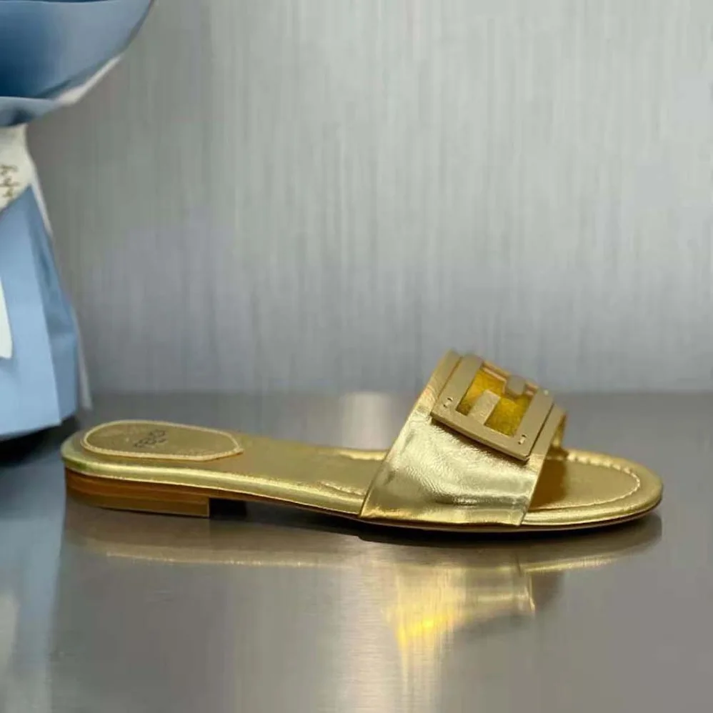 Fendi Baguette Gold Nappa Leather Slides for Women Fendi Baguette Gold Nappa Leather Slides for Women