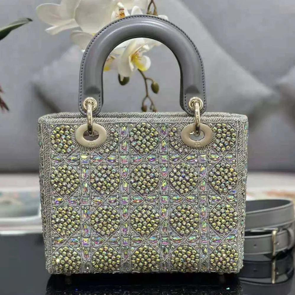 Dior Small Lady Dior Bag Gray Smooth Calfskin and Satin with Bead Embroidery for Women