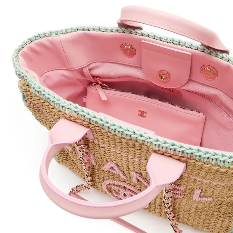 Chanel Deauville Small Tote Bag / Light Pink in Beige Raffia Gold Hardware Chanel Deauville Small Tote Bag / Light Pink in Beige Raffia Gold Hardware
