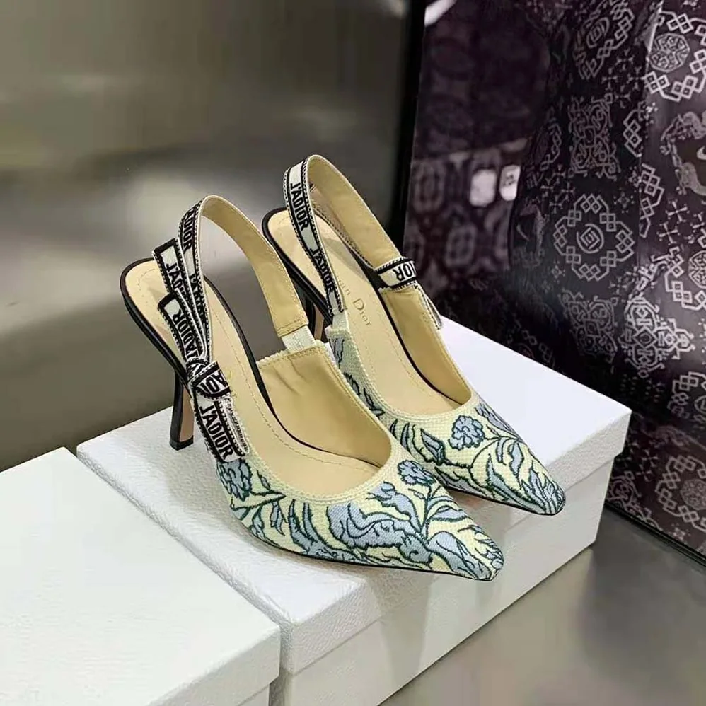 Dior J'Adior Slingback Pump Duck Blue Dior Brocart Embroidered Cotton with Gold for Women in Tone Metallic Thread