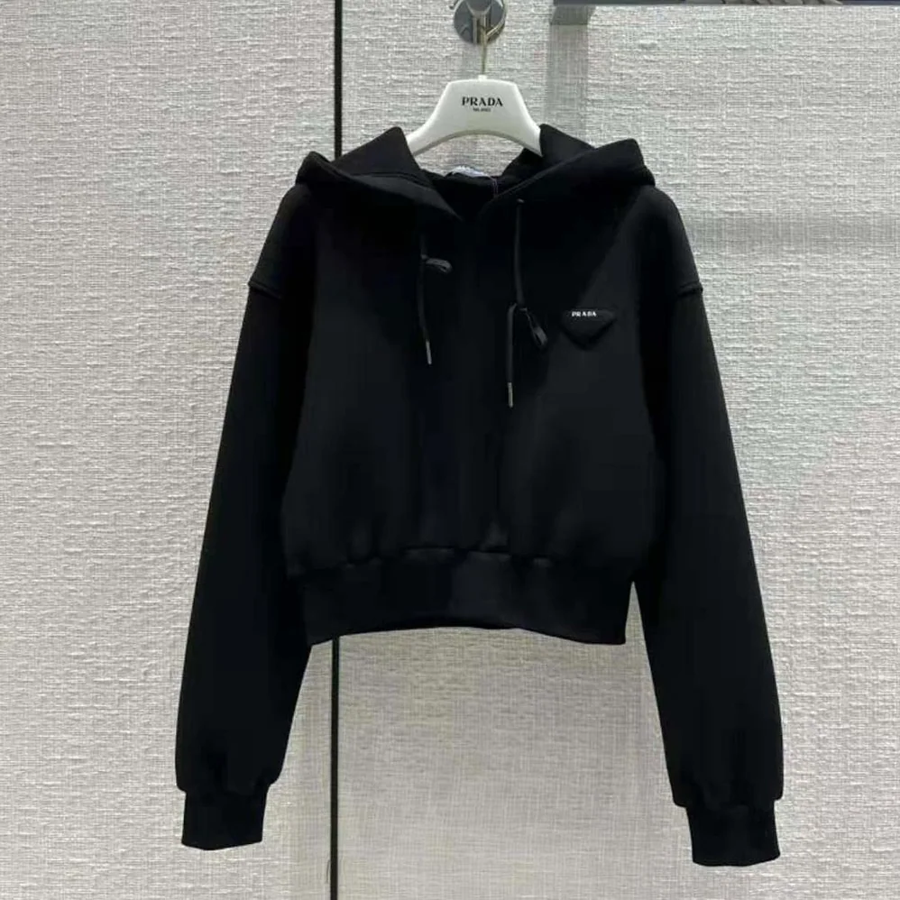 Prada Cotton Fleece Hoodie for Women in Black Prada Cotton Fleece Hoodie for Women in Black