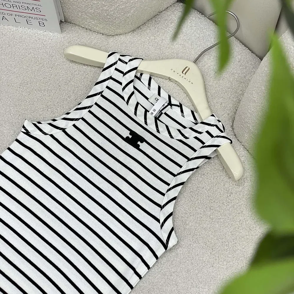 Celine Triomphe Tank Top in Striped Silk Jersey for Women Celine Triomphe Tank Top in Striped Silk Jersey for Women