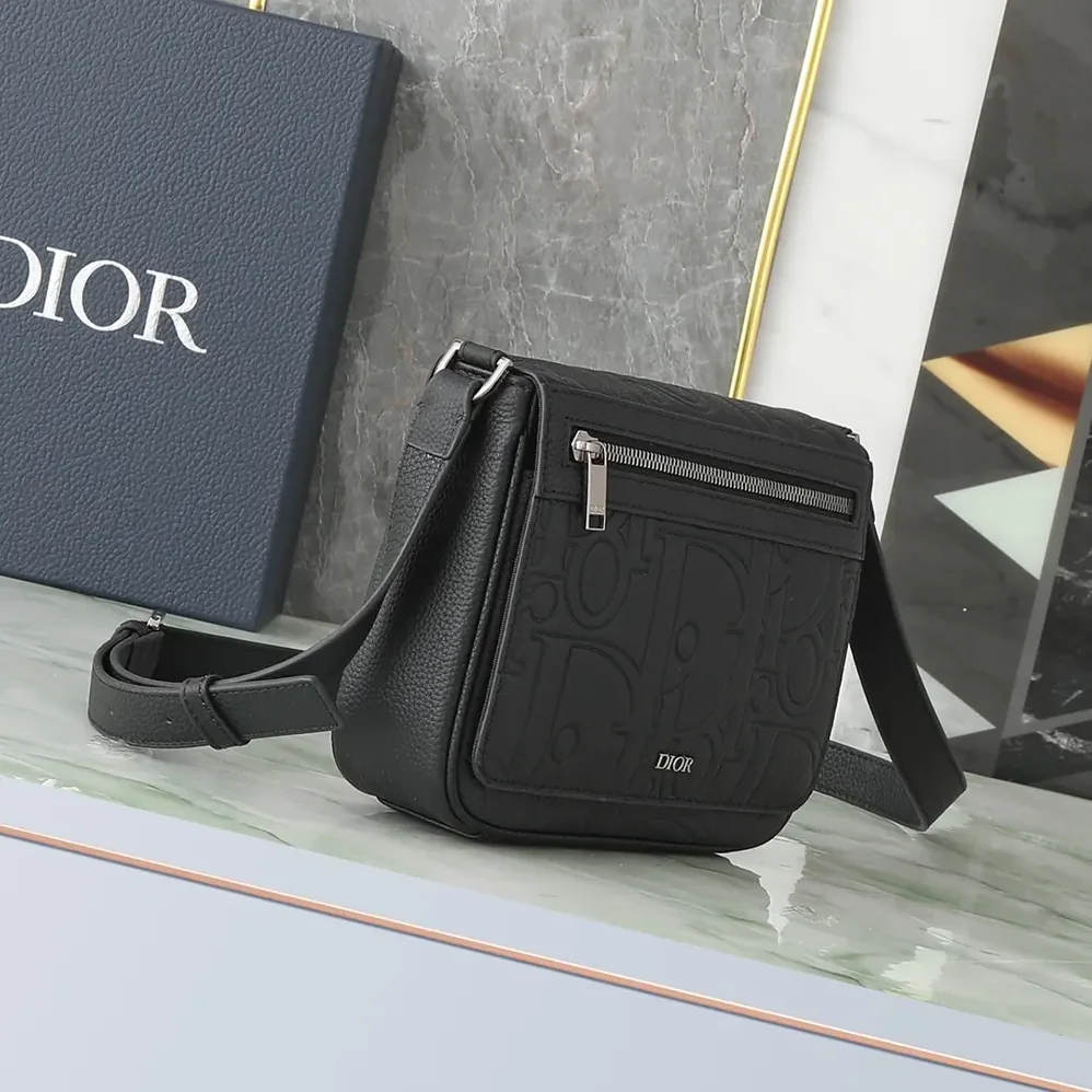 Dior Messenger Bag with Flap Black Dior Gravity Leather and Black Grained Calfskin for Men