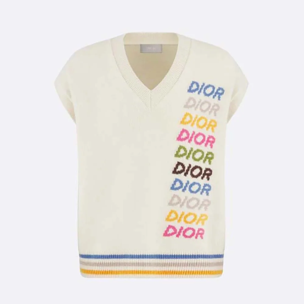 Dior Sleeveless Sweater Beige Wool and Cashmere Intarsia for Men