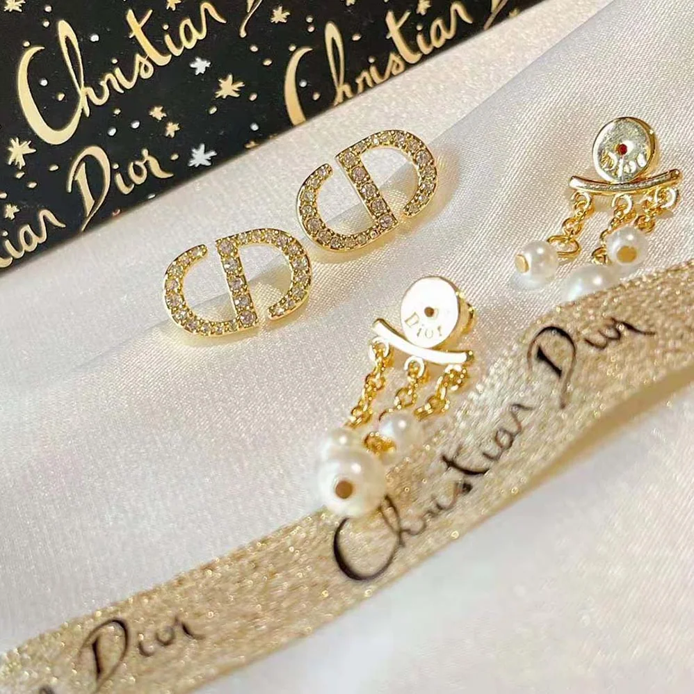 Dior Petit CD Earrings Gold-Finish Metal with White Resin Pearls and White Crystals for Women Dior Petit CD Earrings Gold-Finish Metal with White Resin Pearls and White Crystals for Women