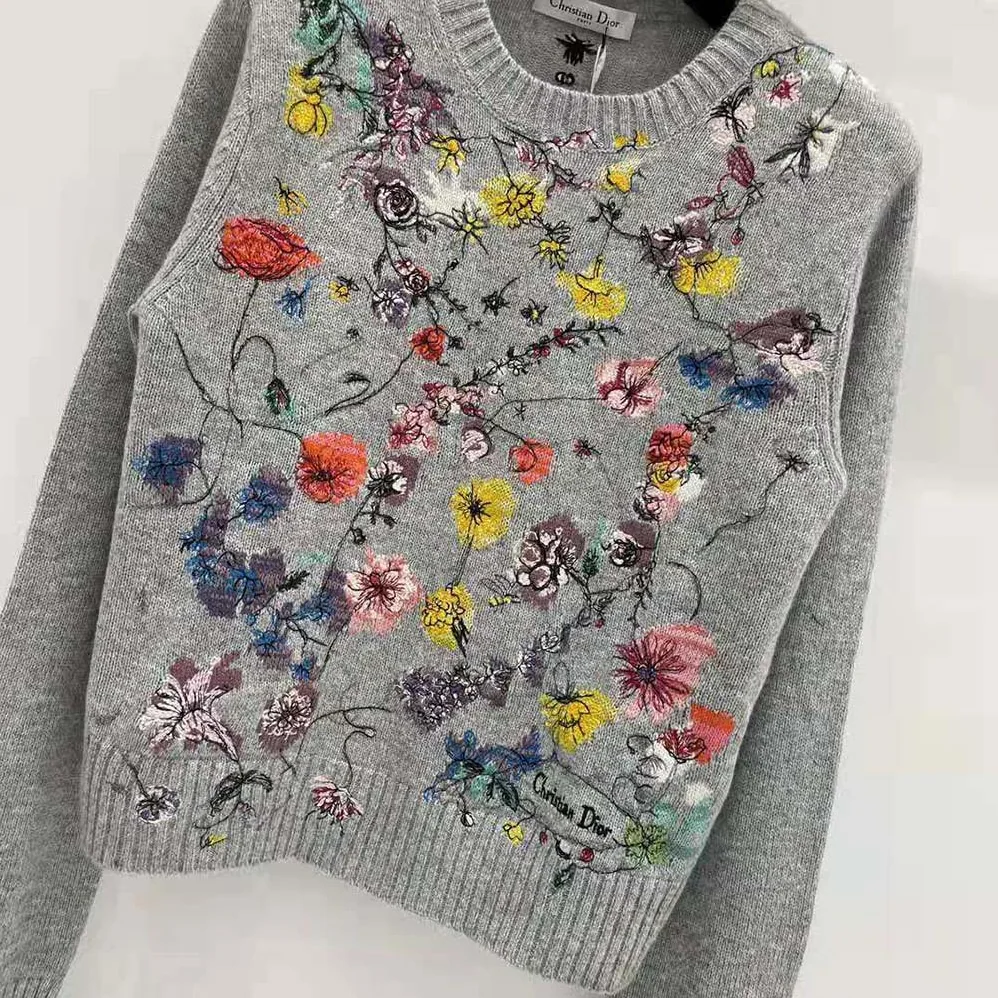 Dior Embroidered Sweater Gray Cashmere Knit with Red Multicolor Florilegio Motif for Women Dior Embroidered Sweater Gray Cashmere Knit with Red Multicolor Florilegio Motif for Women
