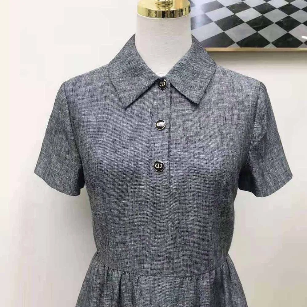 Dior Short Dress Blue-Gray Technical Cotton Canvas and Linen for Women