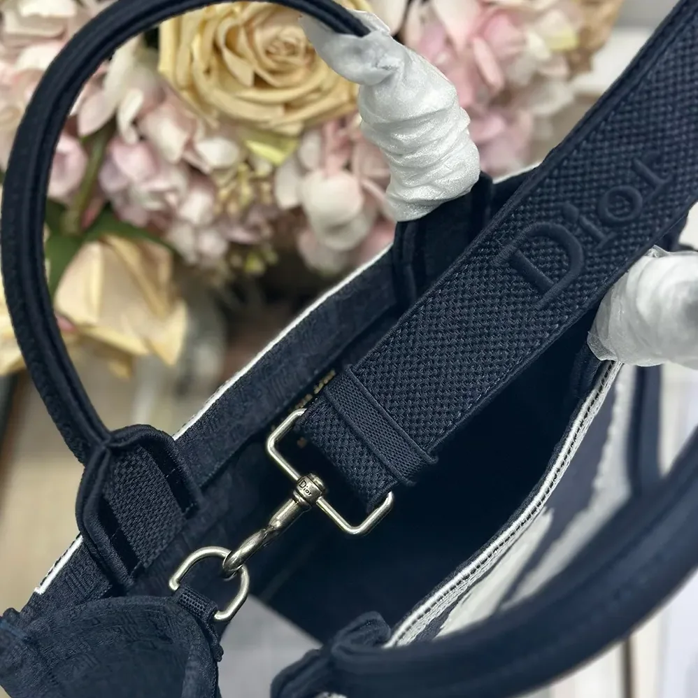 Dior Small Dior Book Tote with Strap Blue Dior Oblique Embroidery with White Lace and Dior Médaillon for Women Dior Small Dior Book Tote with Strap Blue Dior Oblique Embroidery with White Lace and Dior Médaillon for Women