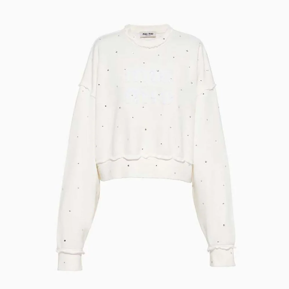 Miu Miu Cotton Embroidered Sweatshirt with Crystals for Women in White