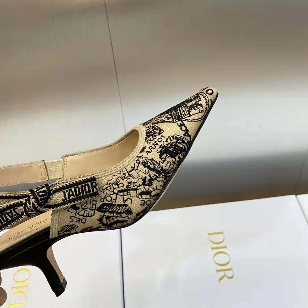 Dior J'Adior Slingback Pump Beige and Black Cotton Embroidered with Plan de Paris Motif for Women Dior J'Adior Slingback Pump Beige and Black Cotton Embroidered with Plan de Paris Motif for Women