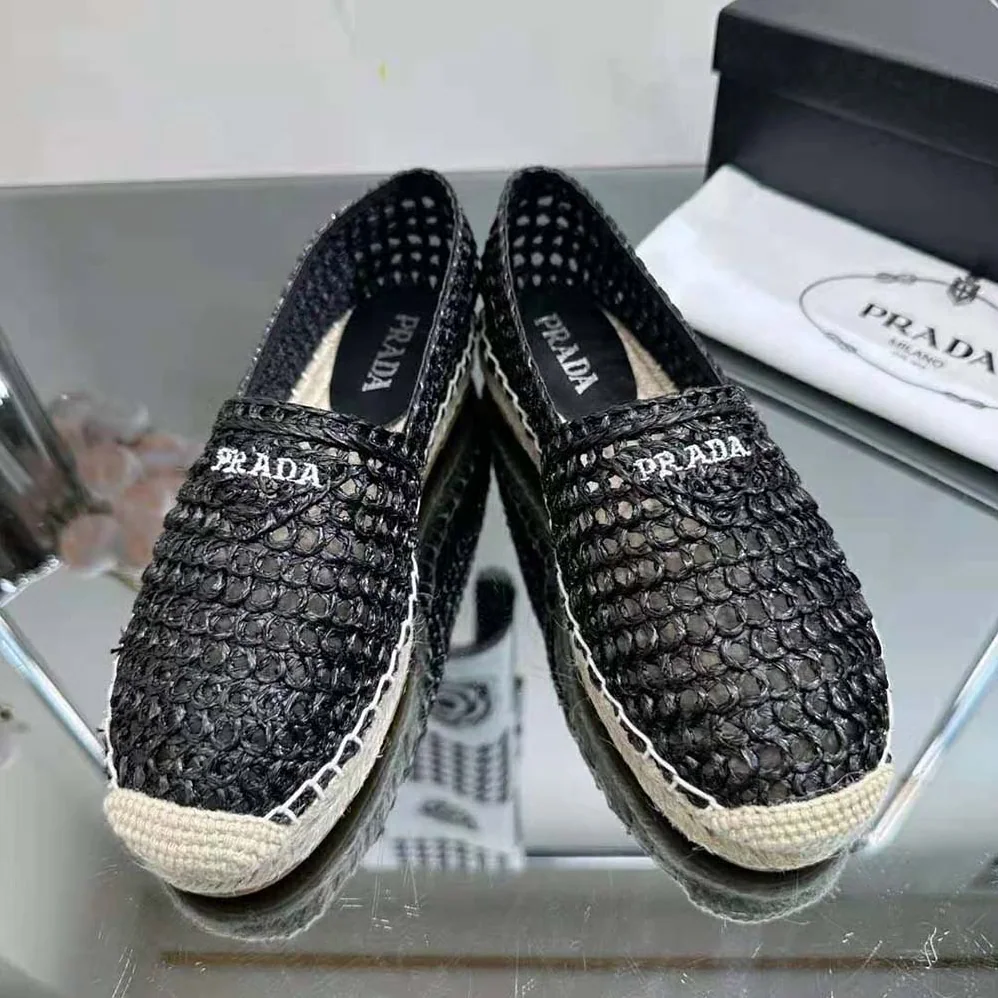 Prada Crochet Espadrilles with Embroidered Logo for Women in Black Prada Crochet Espadrilles with Embroidered Logo for Women in Black