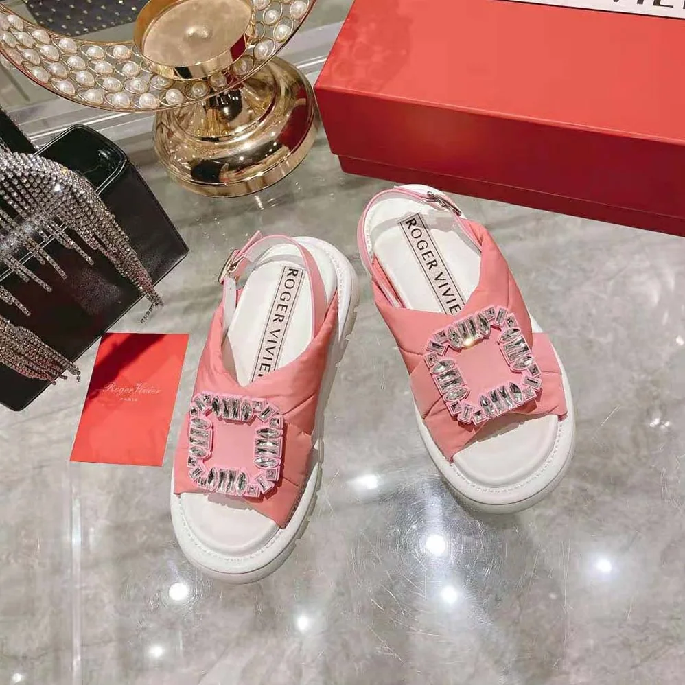 Roger Vivier Viv Winter Puffy Strass Buckle Sandals in Satin for Women in Pink