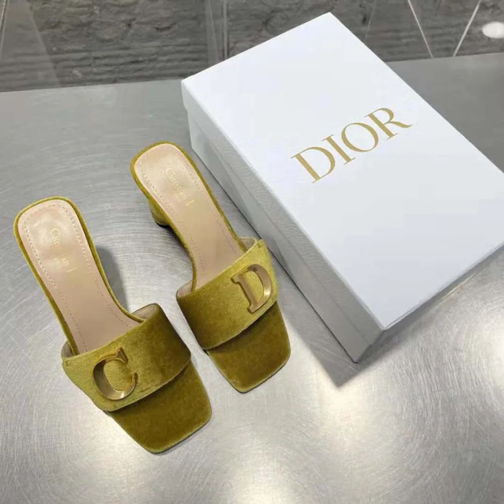 Dior C'est Dior Heeled Slide Lime Yellow Velvet for Women Dior C'est Dior Heeled Slide Lime Yellow Velvet for Women