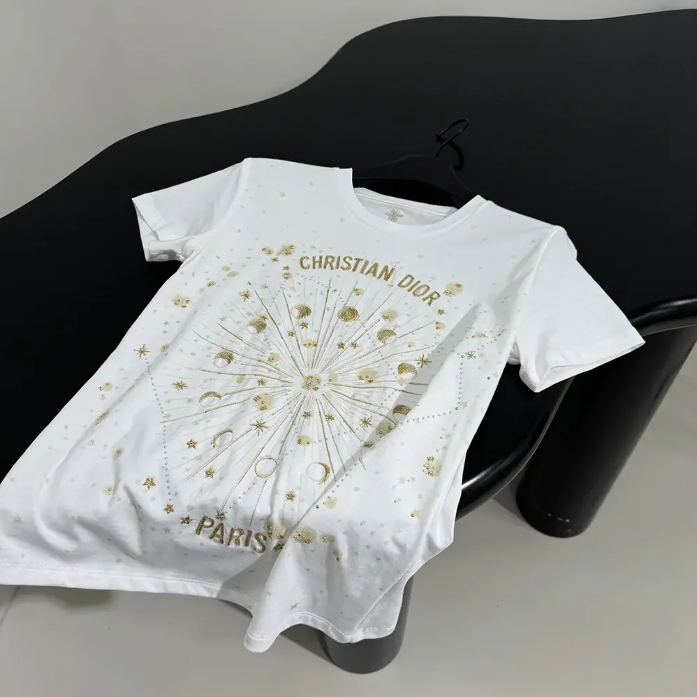 Dior Embroidered T-Shirt White Cotton Jersey with Gold for Women in Tone Dior Astral Motif