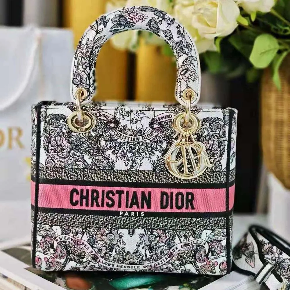 Dior Medium Lady D-lite Bag White and Pastel Pink Butterfly Around The World Embroidery for Women Dior Medium Lady D-lite Bag White and Pastel Pink Butterfly Around The World Embroidery for Women