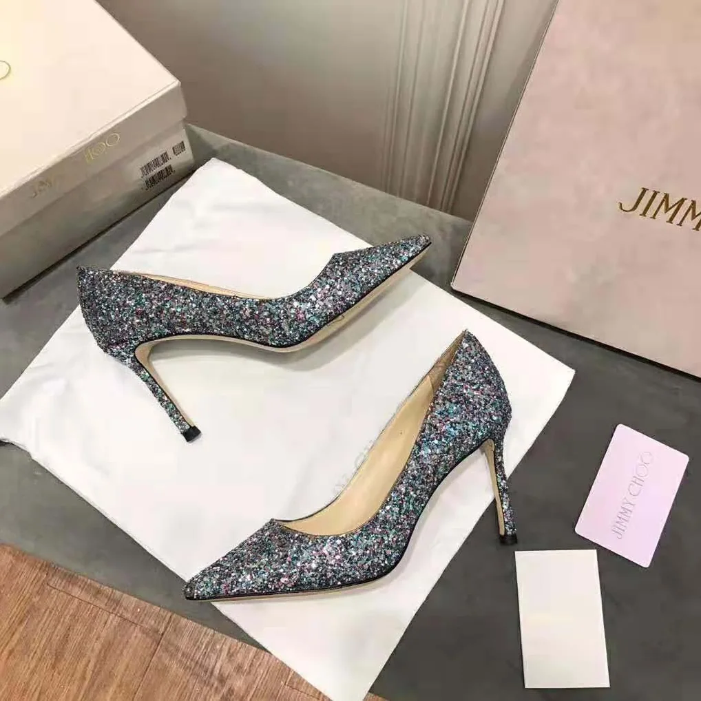 Jimmy Choo Romy 85 Gunmetal Star Coarse Glitter Fabric Pointy Toe Pumps for Women in Black