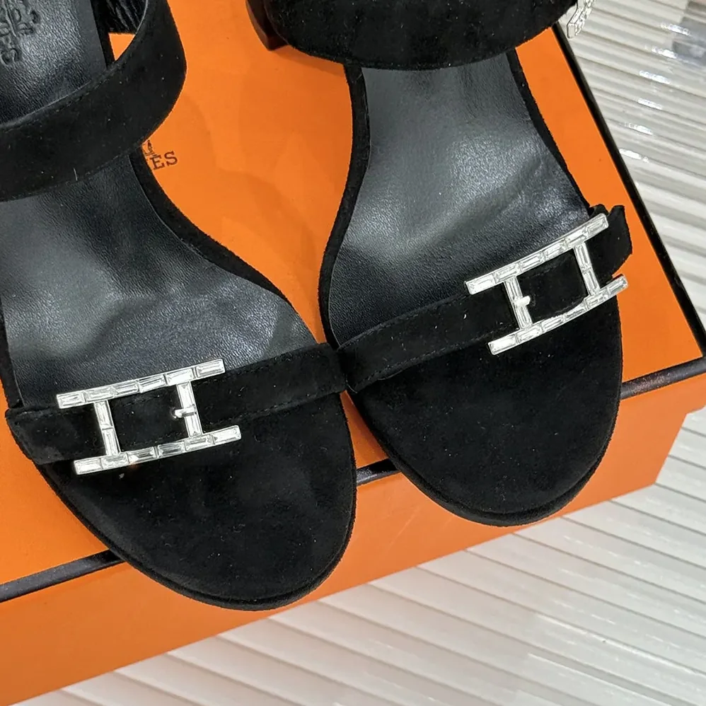 Hermes Bossa Sandal in Velvet Featuring a Hapi Buckle for Women in Black Hermes Bossa Sandal in Velvet Featuring a Hapi Buckle for Women in Black