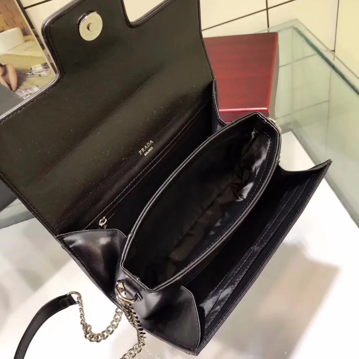 Prada Diagramme Big Leather Handbag with Top Handle in Black