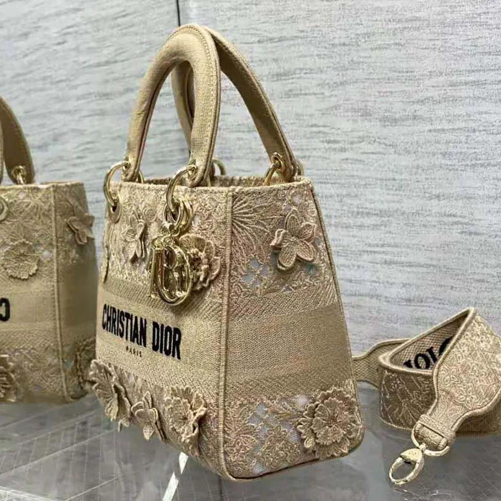 Dior Medium Lady D-lite Bag Natural D-Lace Embroidery with 3D Macramé Effect for Women