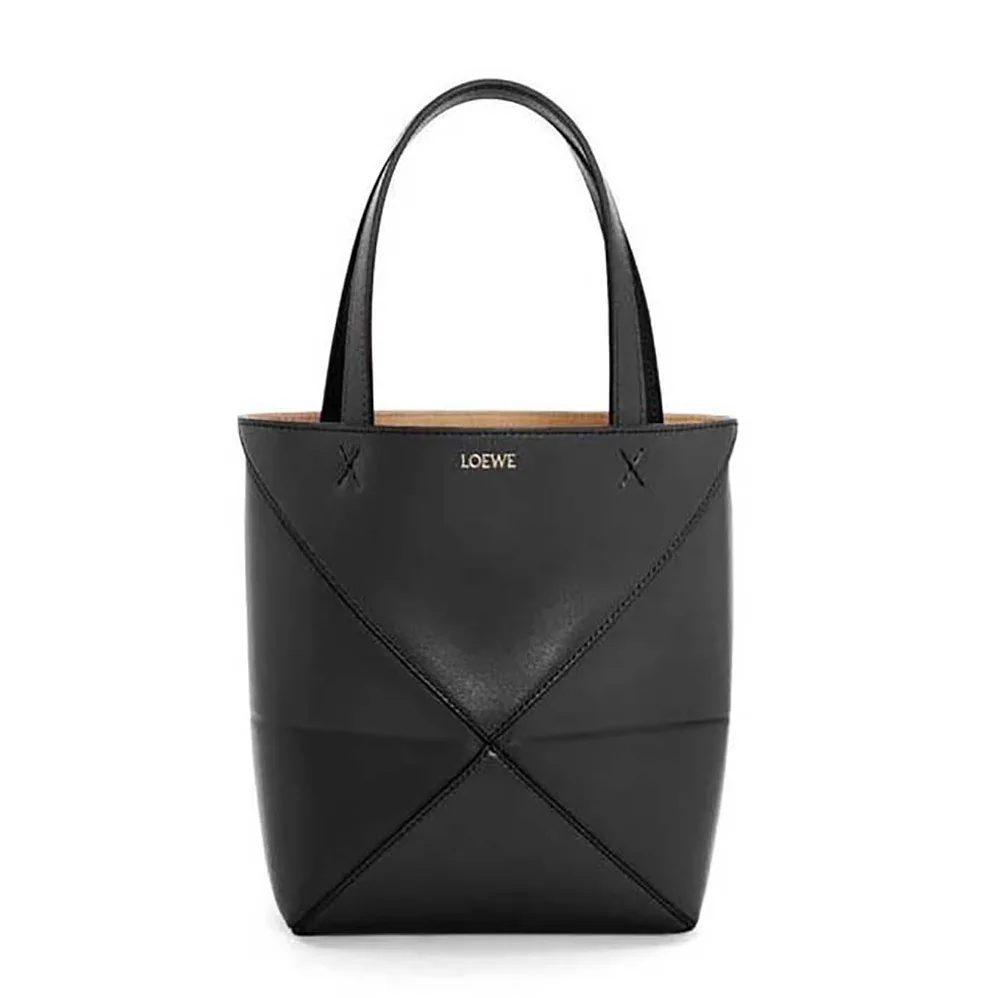 Loewe Mini Puzzle Fold Tote in Shiny Calfskin for Unisex in Black