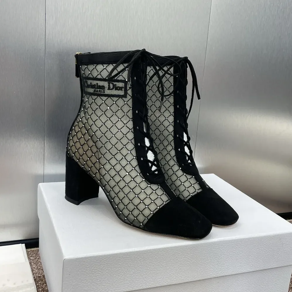 Dior Naughtily-D Heeled Ankle Boot Transparent Mesh Embroidered for Women