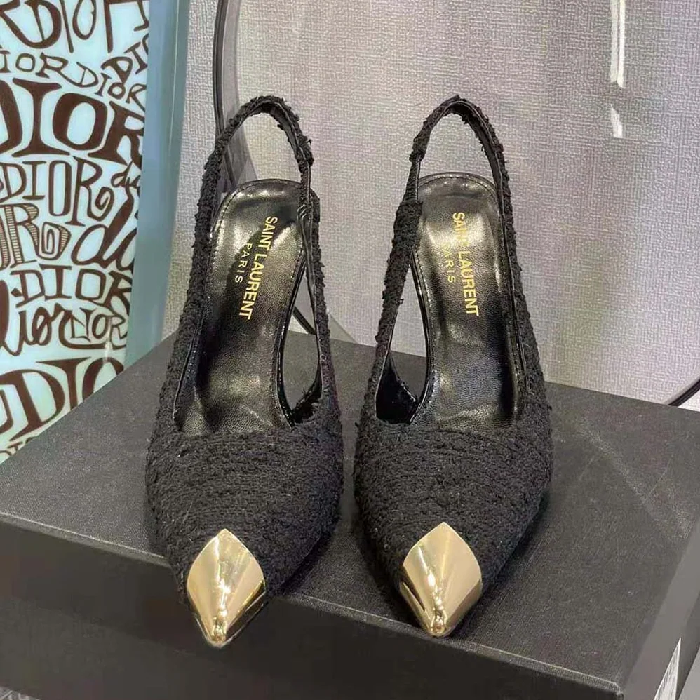 Saint Laurent YSL Vesper Slingback Pumps in Boucle Tweed for Women in Black Saint Laurent YSL Vesper Slingback Pumps in Boucle Tweed for Women in Black