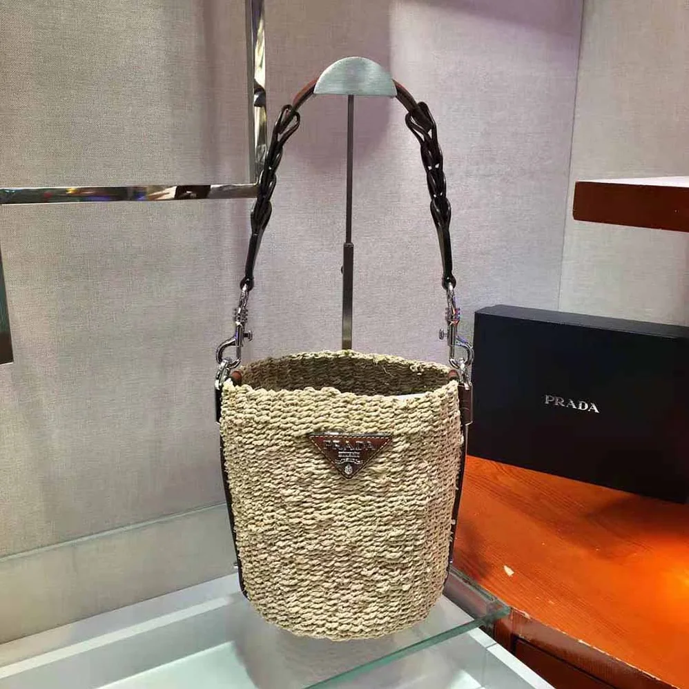 Prada Corn Husk and Leather Bucket Bag for Women