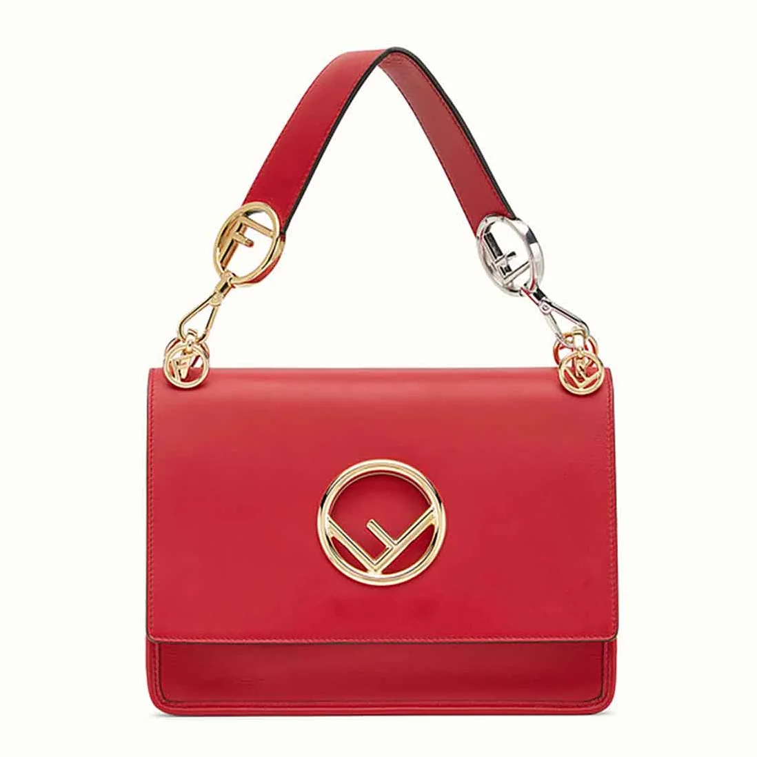 Fendi KAN I F Top Flap Leather Bag with Strap in Red