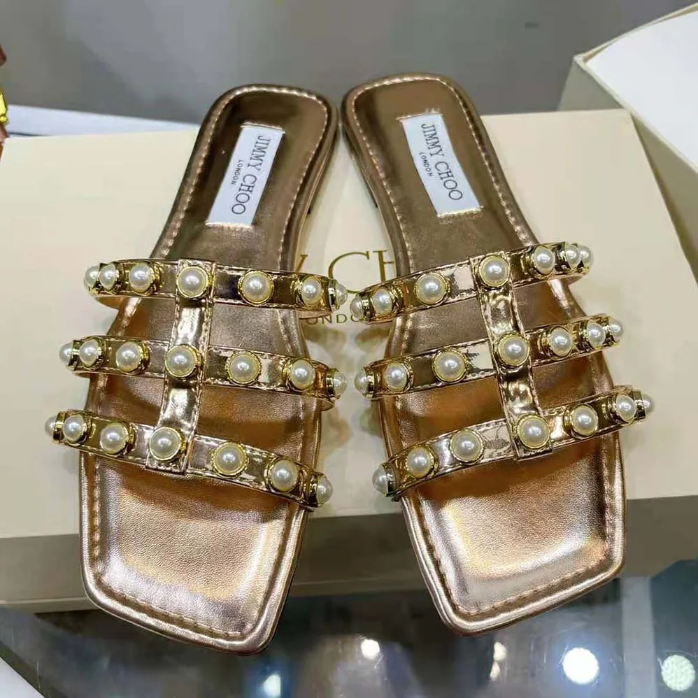 Jimmy Choo Hazal Flat Gold Liquid Metal Leather Flats with Pearl Studs for Women Jimmy Choo Hazal Flat Gold Liquid Metal Leather Flats with Pearl Studs for Women