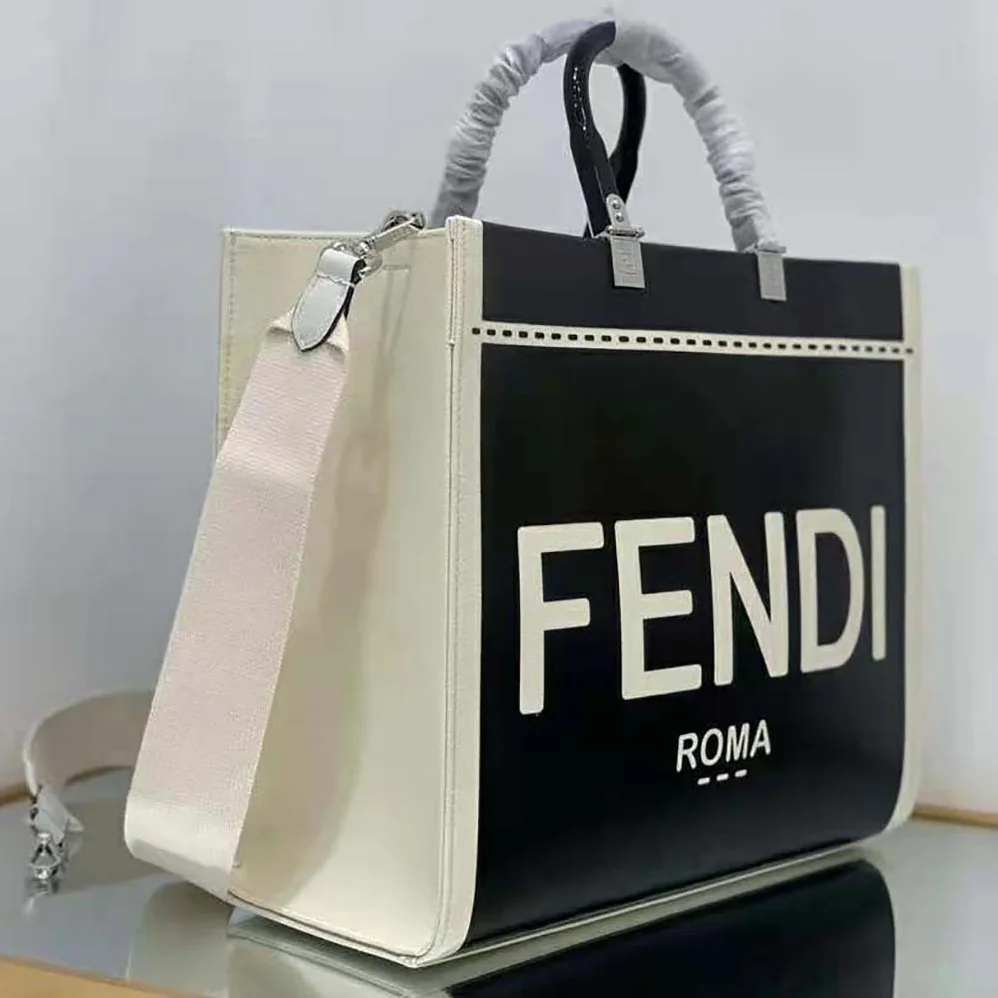 Fendi Sunshine Medium Canvas and Black Patent Leather Shopper Bag for Women Fendi Sunshine Medium Canvas and Black Patent Leather Shopper Bag for Women
