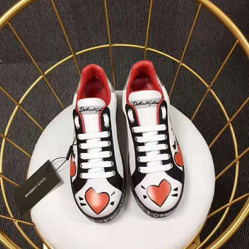 Dolce Gabbana D&G Calfskin Nappa Portofino Sneakers with Heart Print for Women in Red