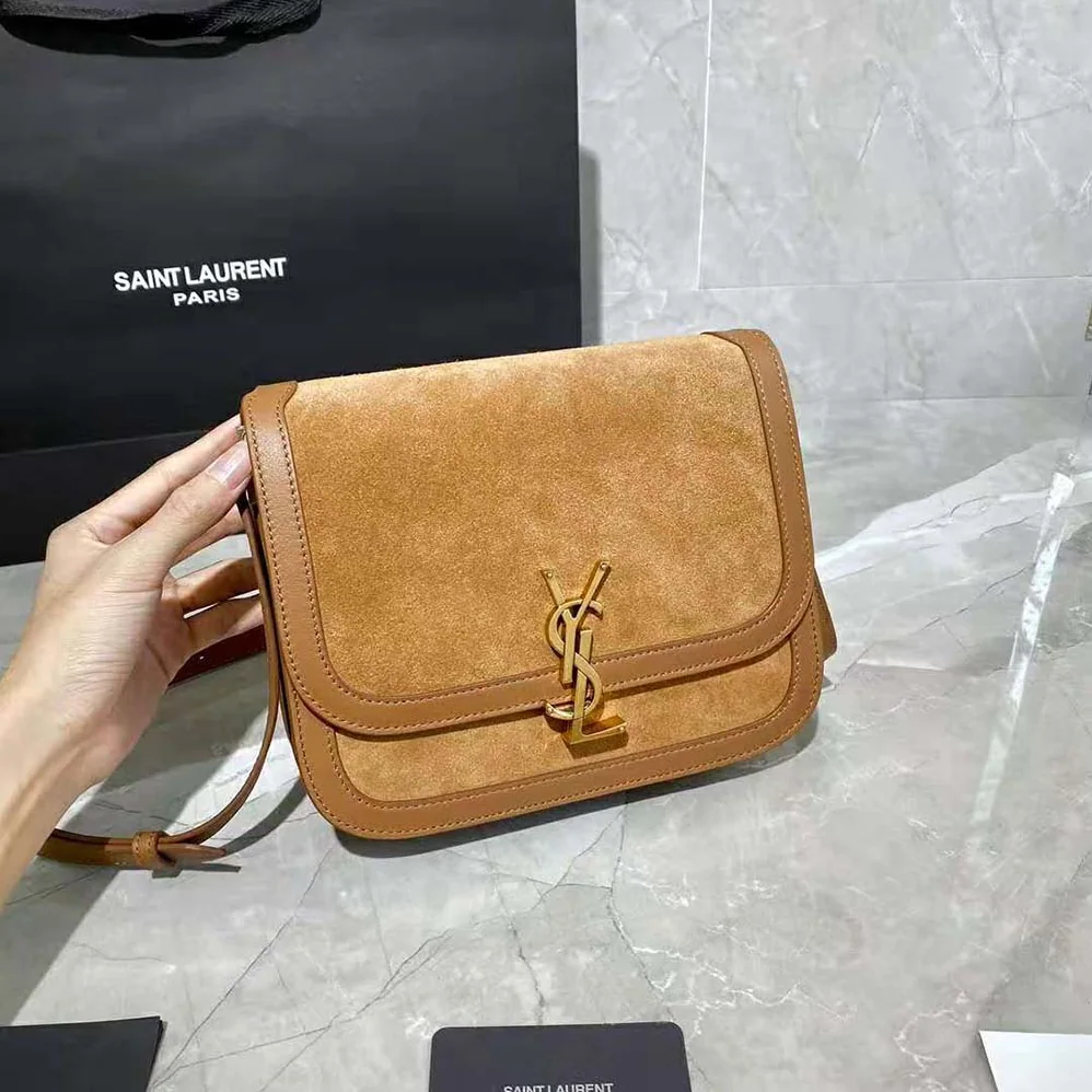 Saint Laurent YSL Solferino Medium Soft Satchel in Bsuede and Smooth Leather for Women in Brown