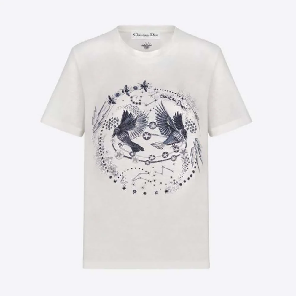 Dior T-shirt White Cotton Jersey and Linen with Black Gemini Motif for Women