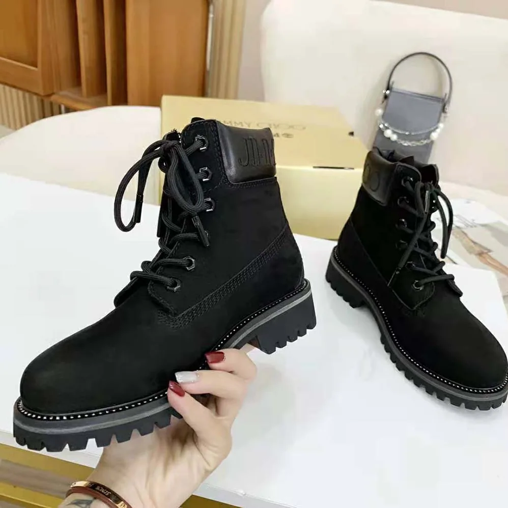 Jimmy Choo JC X Timberland/M Black Nubuck Leather Boots with Gunmetal Glitter for Women