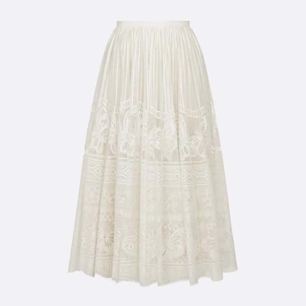 Dior Flared Mid-length Skirt Ecru Technical Cotton Lace with D for Women in Lace Butterfly Motif