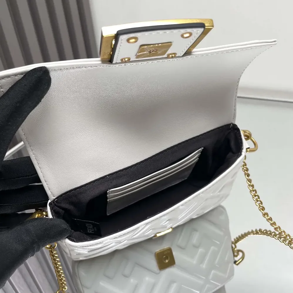 Fendi Baguette Mini White Nappa Leather Bag with FF Motif for Women Fendi Baguette Mini White Nappa Leather Bag with FF Motif for Women