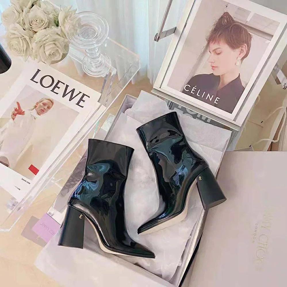 Jimmy Choo Bryelle 85 Black Naplack Block Heel Ankle Boots with JC emblem for Women Jimmy Choo Bryelle 85 Black Naplack Block Heel Ankle Boots with JC emblem for Women