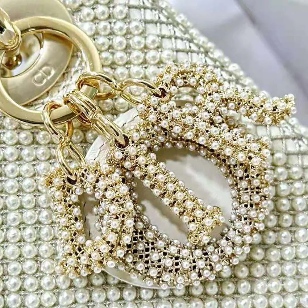 Dior Mini Lady Dior Bag Latte Calfskin Embroidered Entirely with White Resin Pearls for Women